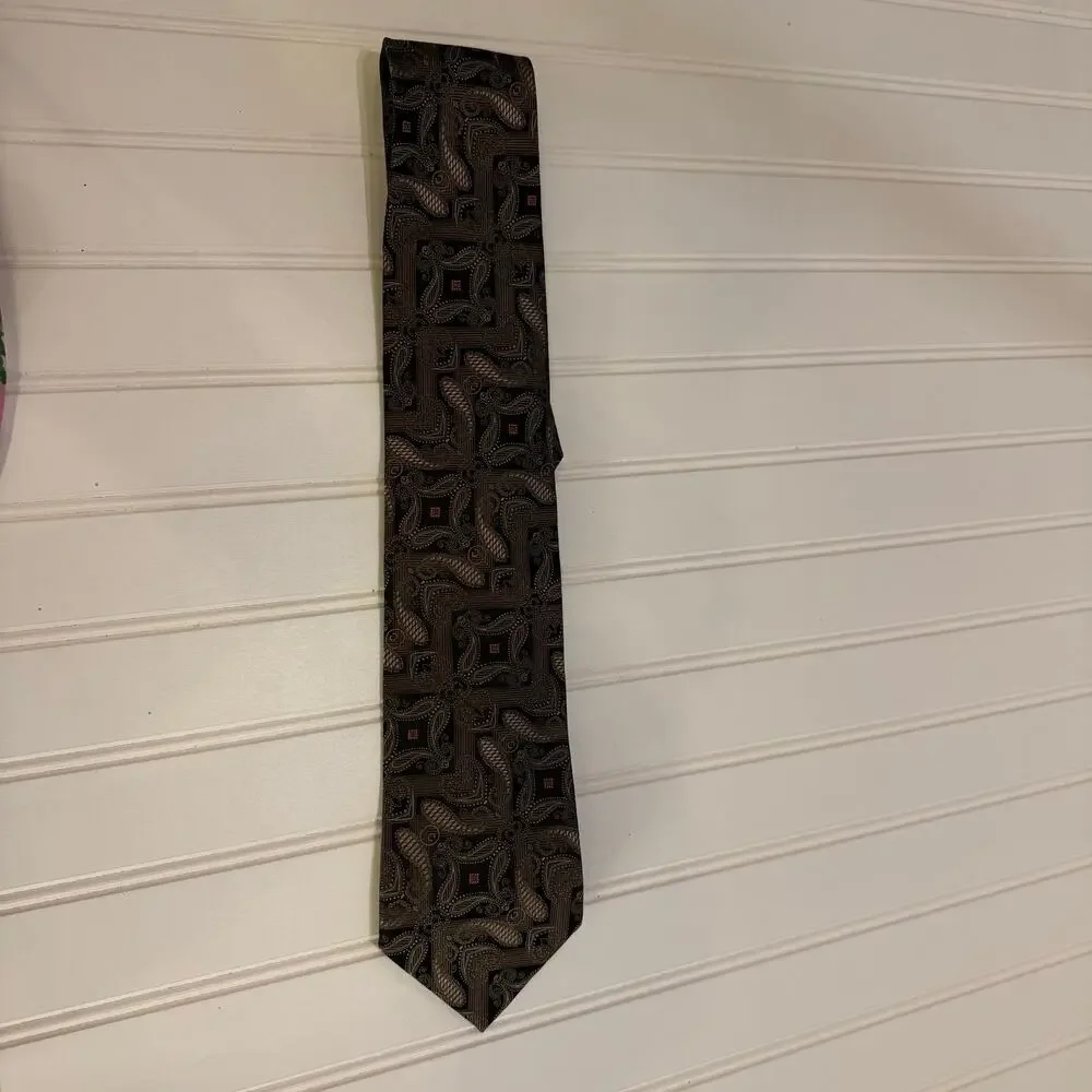 Fabio Fazio Woven Geometric Silk Tie Necktie Black & Gold Jacquard